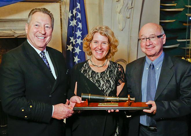 Commodore James Binch makes the presentation of the CCA’s 2015 Rod Stephens Trophy to Grit Chiu and George Juri  © CCA / Dan Nerney